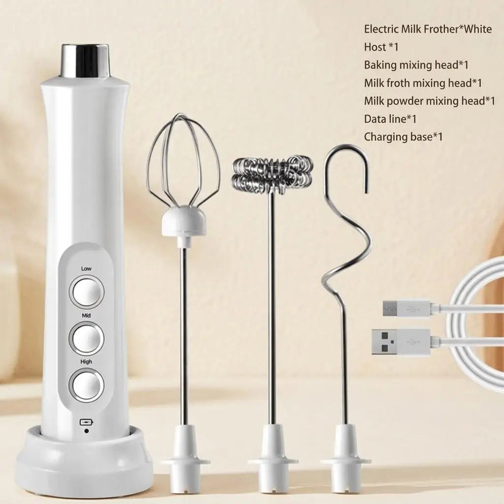 USB rechargeable milk frother handheld white with 3 speed settings, 3 stainless whisk heads, charging base, USB cord.