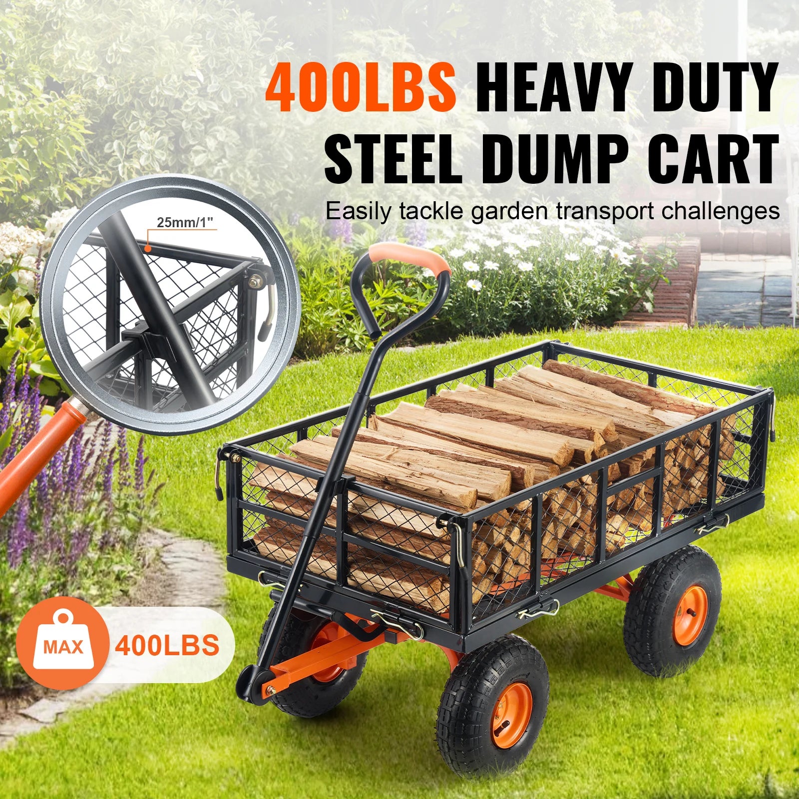 SucceBuy Garden Cart Sturdy Metal Utility Wagon with Simple Assembly Versatile Dump Cart Wheelbarrow with 400/880lbs Capacity by S And B Enterprise