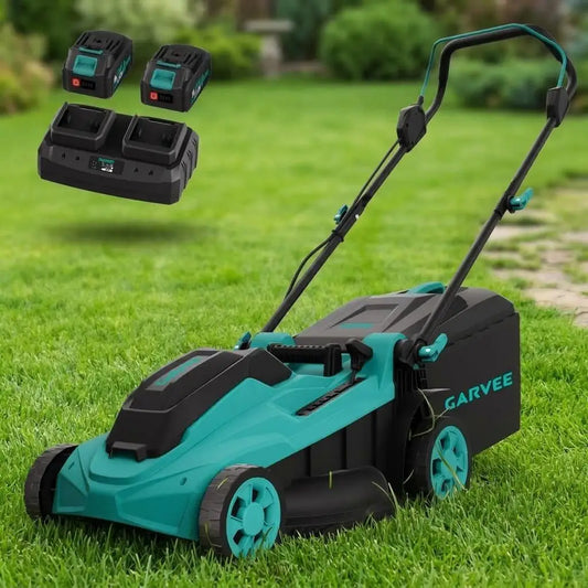 Garvee 17-inch cordless lawn mower with foldable handle; teal/black, 2x20V 4.0Ah batteries, dual charger, grass bag.
