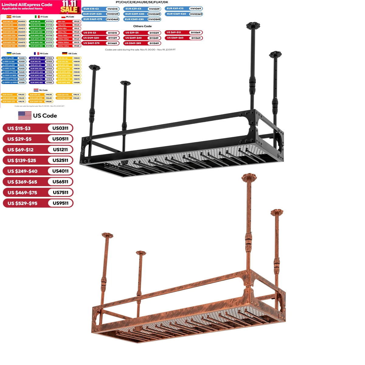 Vintage ceiling-mounted wine bottle rack; black and copper metal construction, two units
