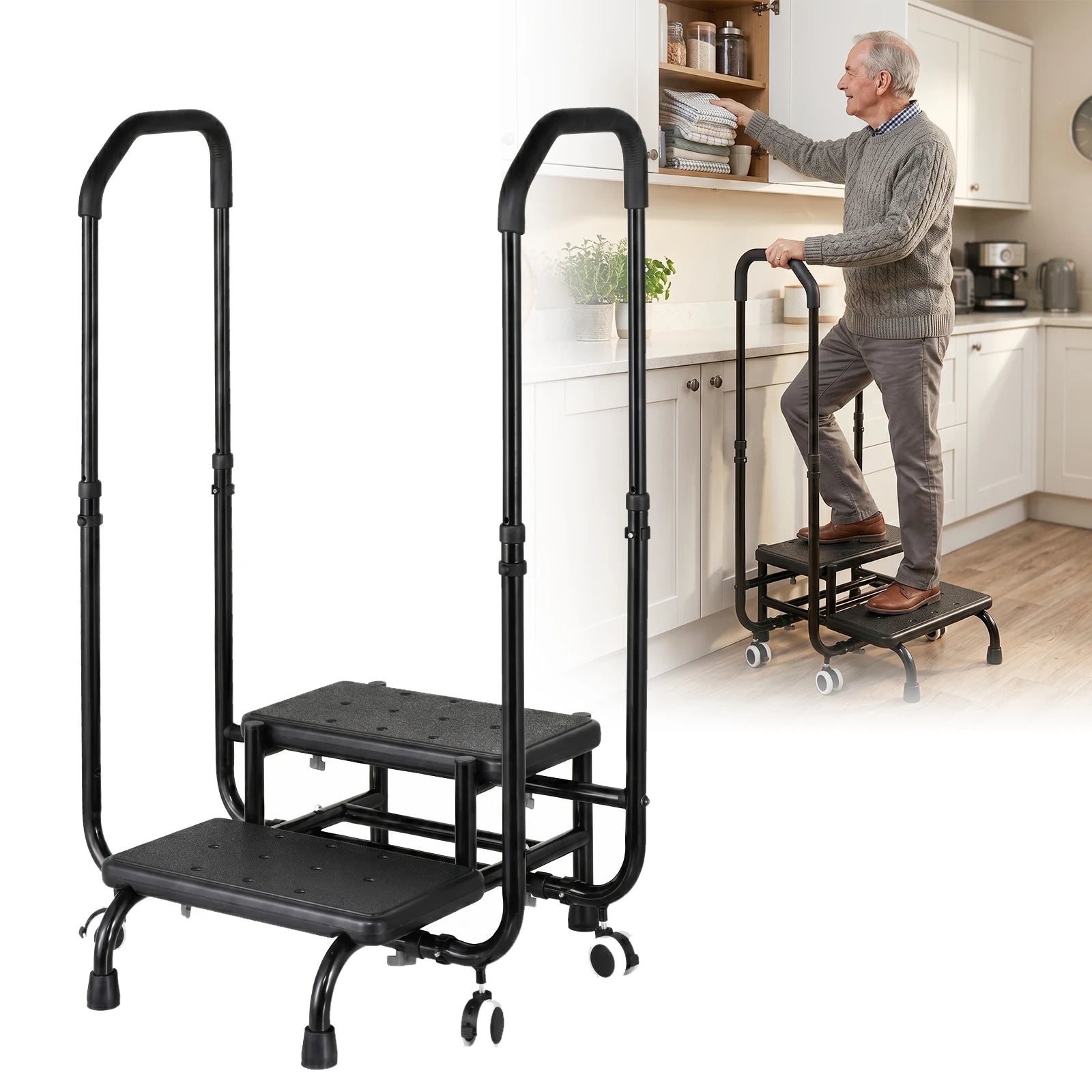 2-step stool with handrail, black metal frame, adjustable height, non-slip feet, portable folding ladder