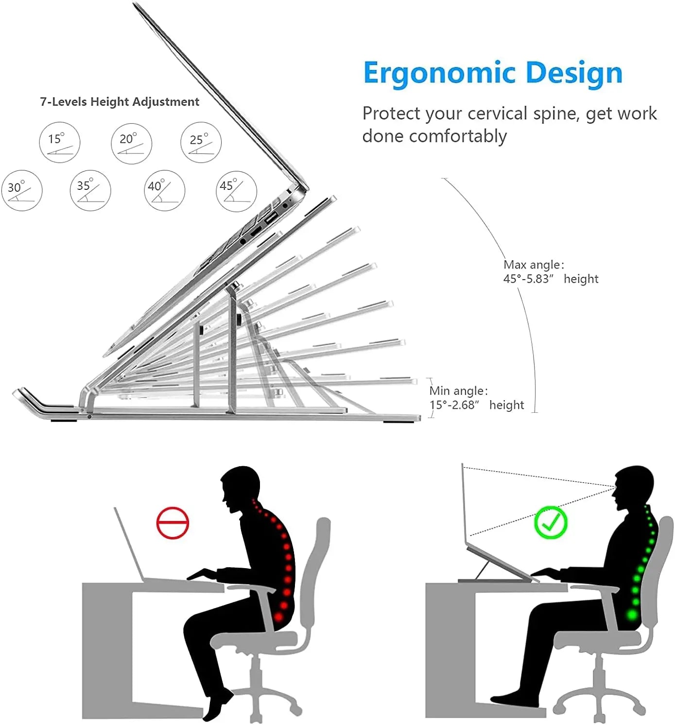 Ergonomic Aluminum Alloy Foldable Laptop Stand, 7 Adjustable Angles, Sand-Blasted Anti-Slip Stable Computer Holder by S And B Enterprise