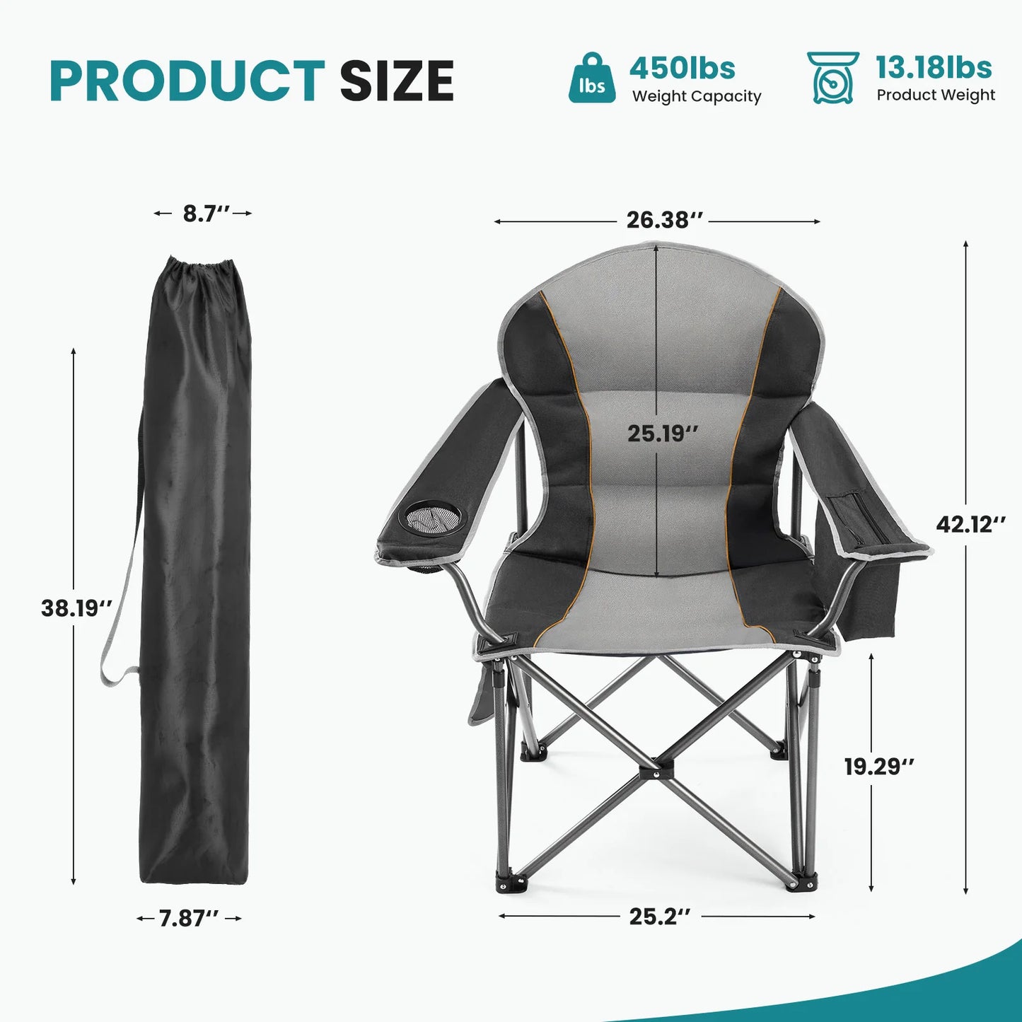 JHK Heavy Duty Camping Chair 450lbs Capacity Portable Folding