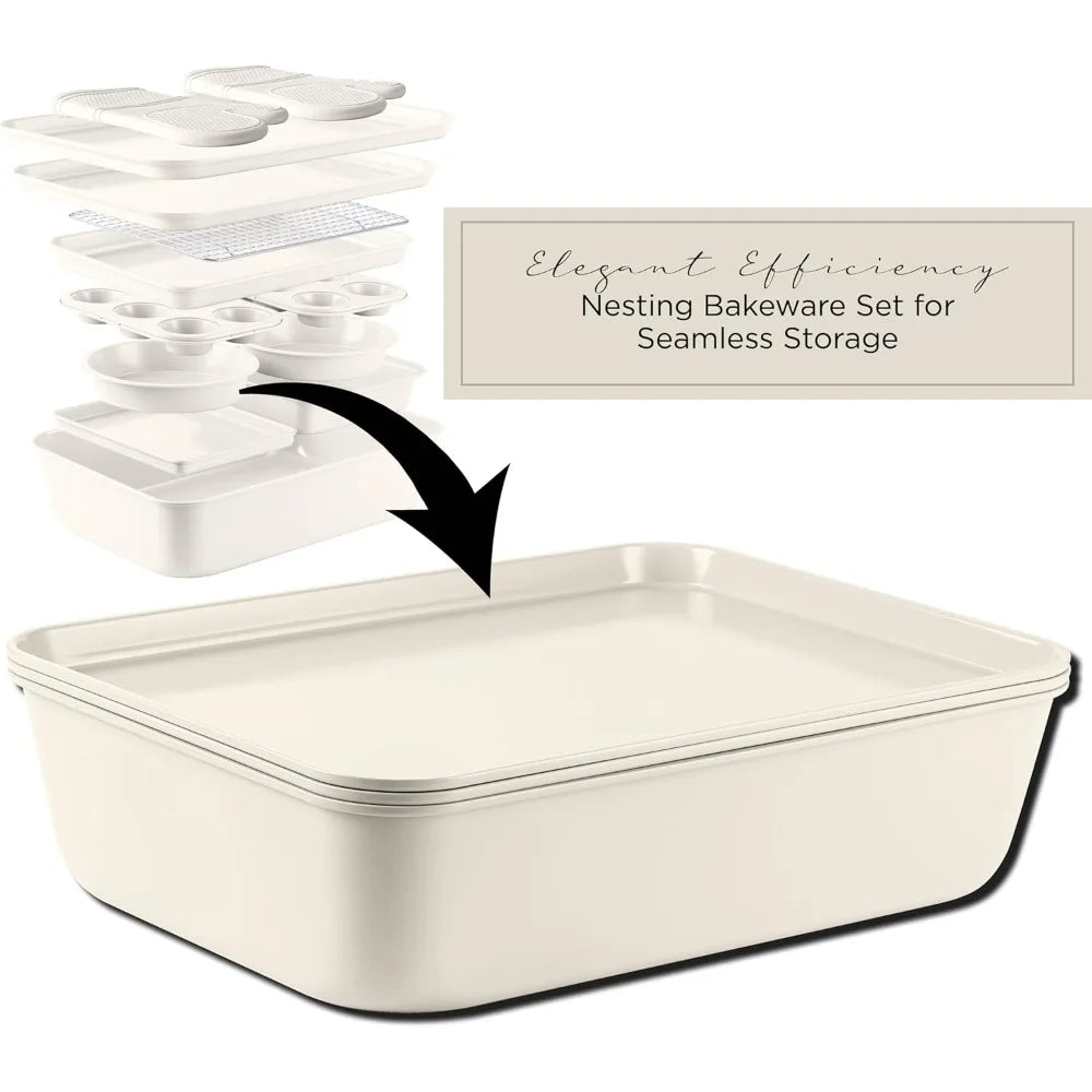 Cream-colored nonstick stackable bakeware set, 13-piece nesting pans for seamless storage