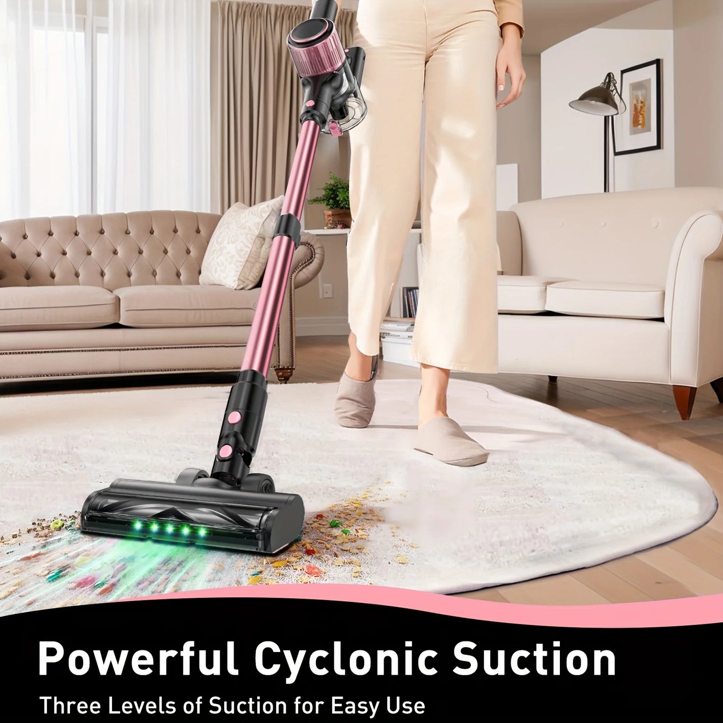 Cordless Pink vacuum cleaner by S And B Enterprise; 8-in-1 lightweight stick with LED display, green LED lights, anti-tangle brush.