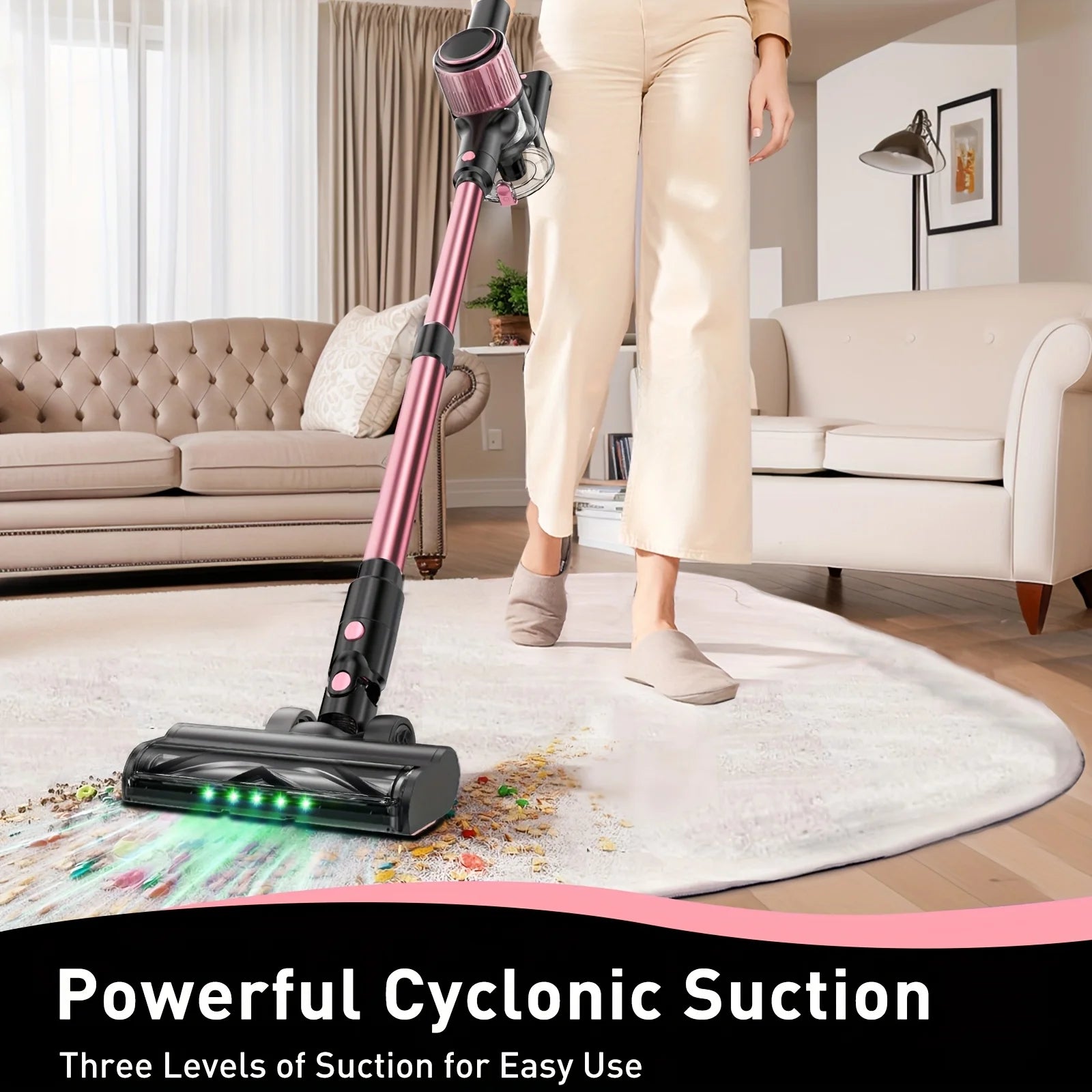 Cordless Pink vacuum cleaner by S And B Enterprise; 8-in-1 lightweight stick with LED display, green LED lights, anti-tangle brush.