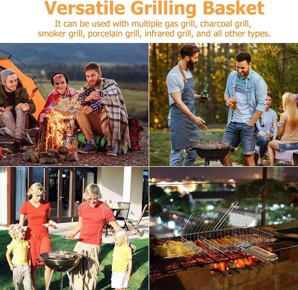 Deep stainless steel BBQ grilling basket with detachable handle; 3-section design for fish, veggies and meat - S And B