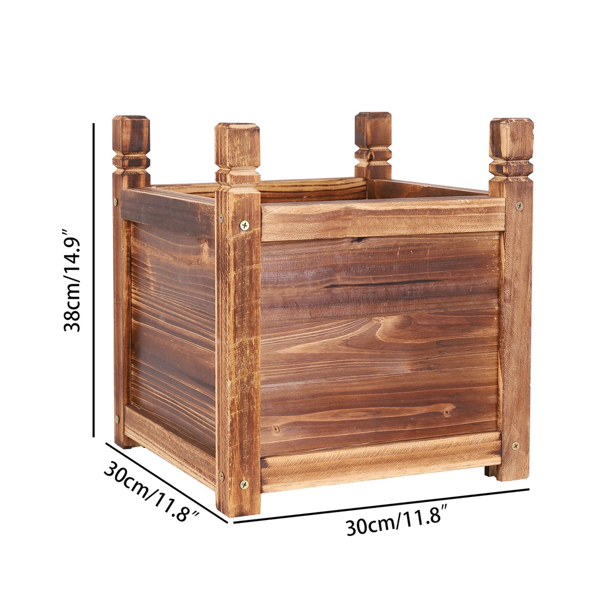 Wooden raised planter box for indoor/outdoor use, brown stained, 30 cm square base, 38 cm tall.