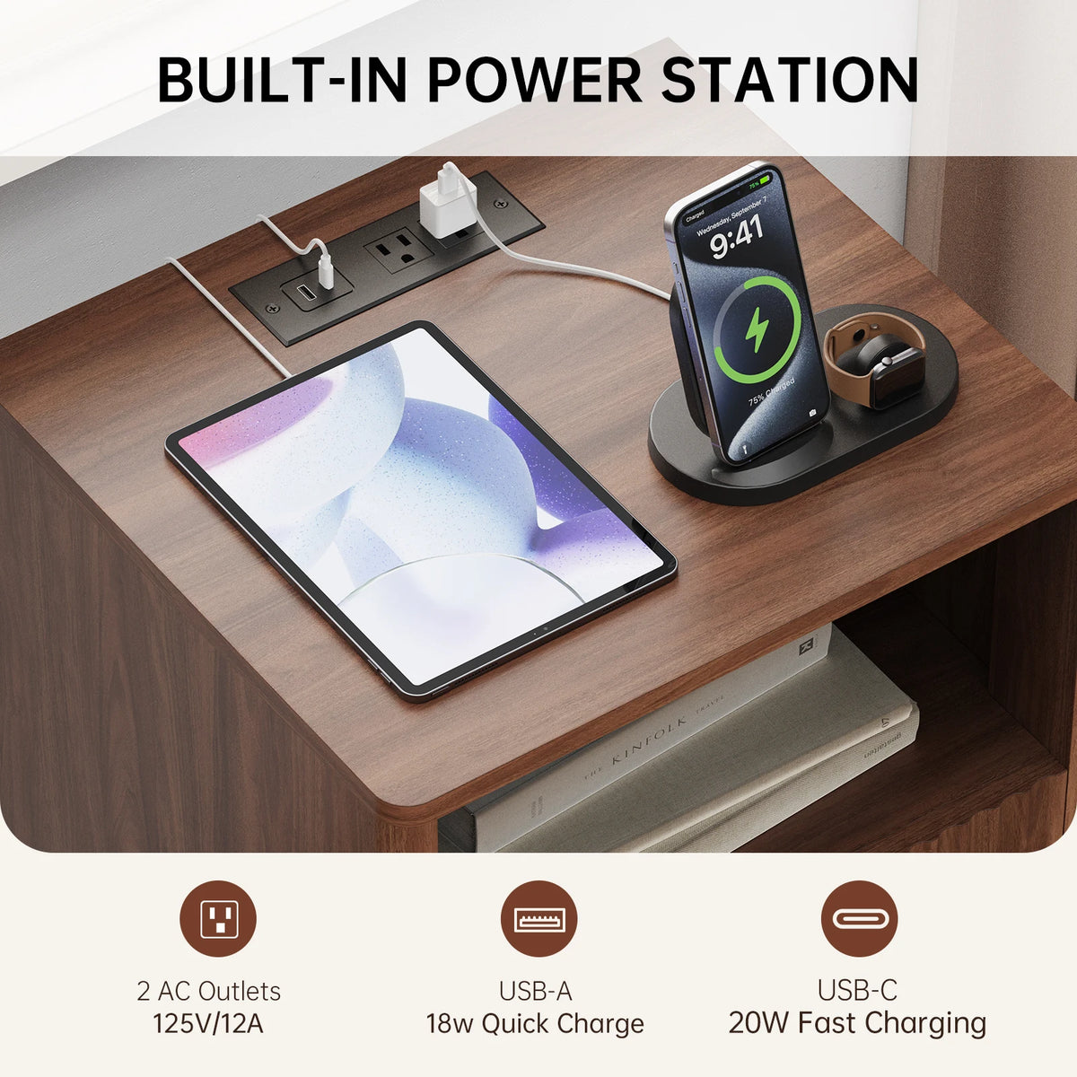 TinyNest Nightstand by S And B Enterprise; fluted wood nightstand with built-in power station featuring 2 AC outlets, USB-A and USB-C ports.