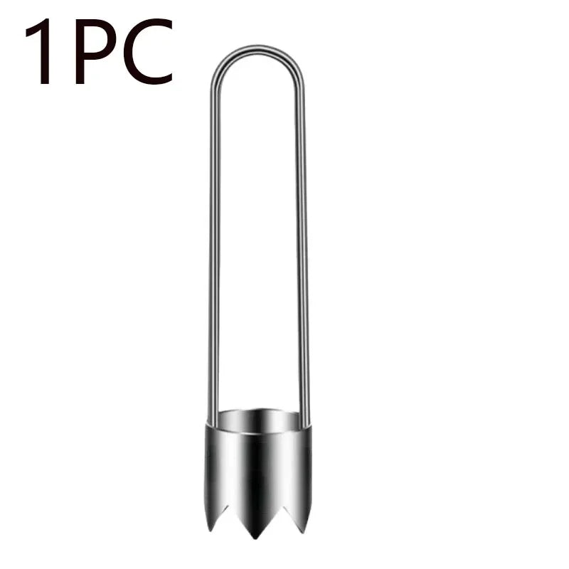 Stainless steel fruit and vegetable corer with long loop handle for pitting peppers and melons.