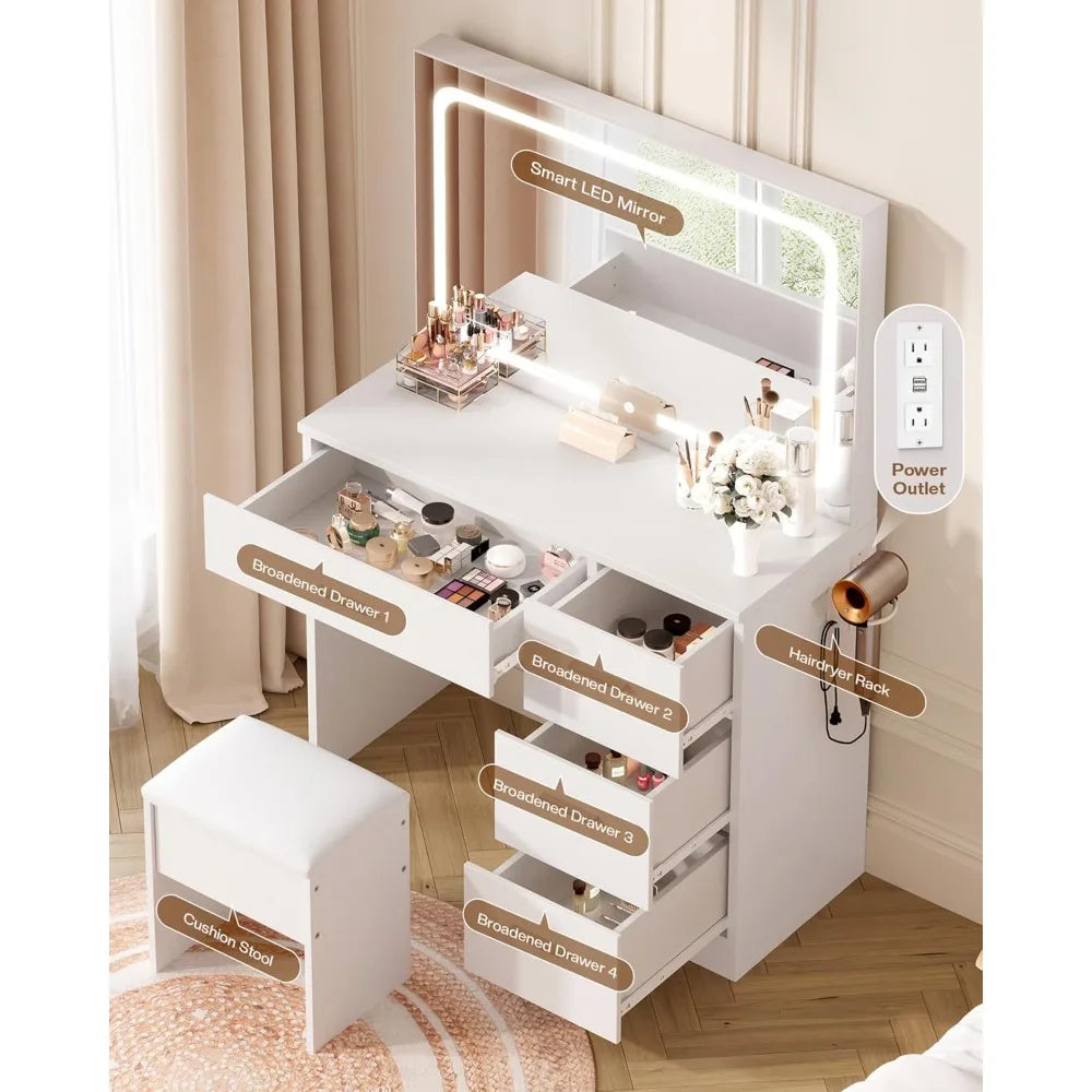 Makeup Vanity Desk with Charging Station & LED Mirror – 35.4" Vanity Set with 4 Drawers, 3 Lighting Modes – Modern, Customized