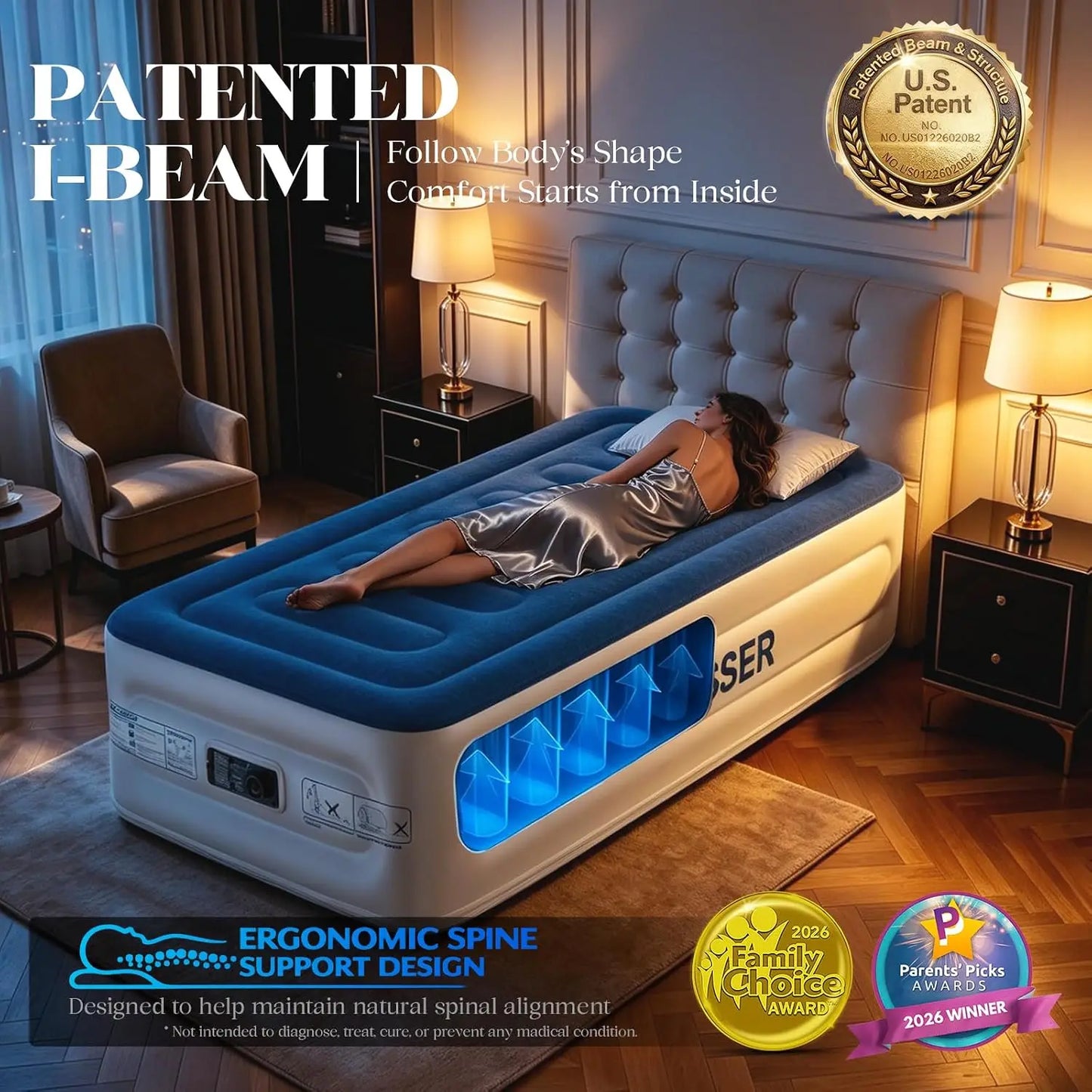 Twin air mattress with built-in pump, 18-inch raised XL-Long, blue top, S And B Enterprise