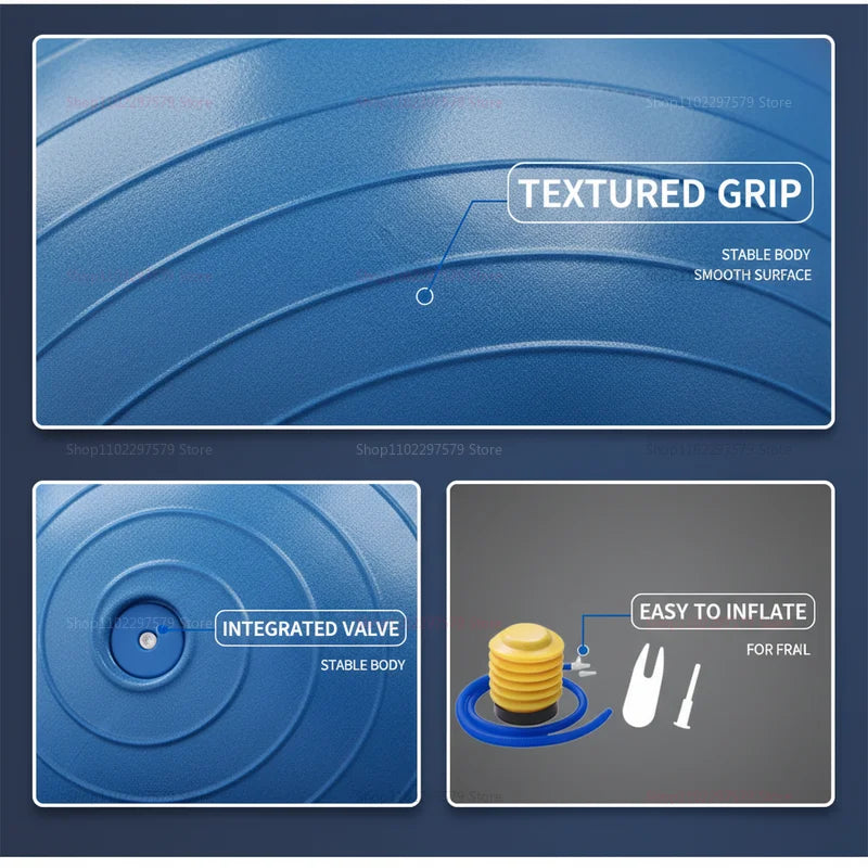 Explosion-proof inflatable yoga ball by S And B Enterprise in blue with textured grip and integrated valve.
