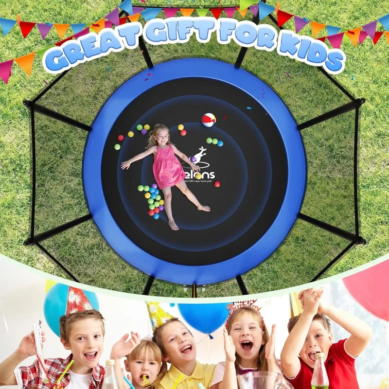 Jelens Trampoline with enclosure net, blue padded rim, outdoor backyard play setup, available in 8–15 ft sizes for kids