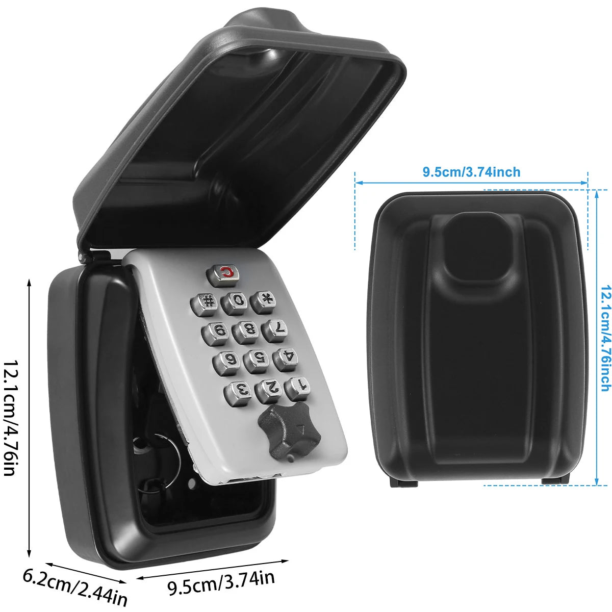 Key lock box wall-mount safe with numeric keypad; black metal, weatherproof design.