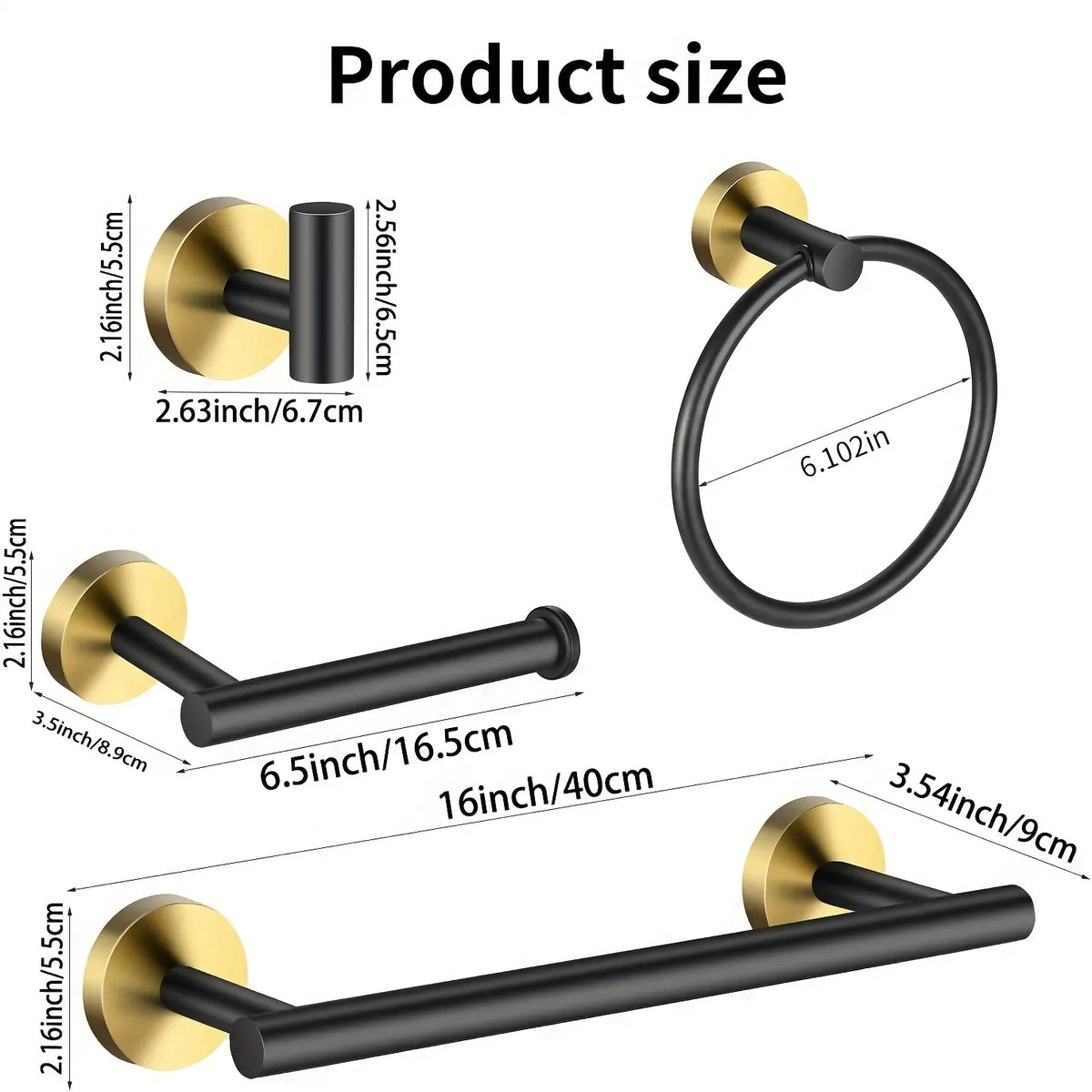 S And B Enterprise 4-piece black gold stainless bathroom hardware: towel bar, towel ring, toilet paper holder and hook.