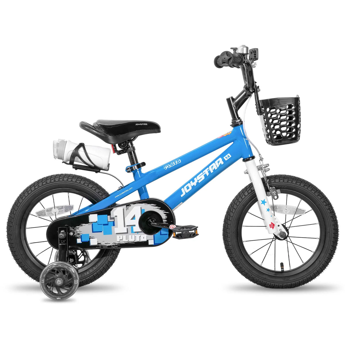 JOYSTAR children's bicycle blue frame with light-up training wheels and front basket for kids ages 3–12