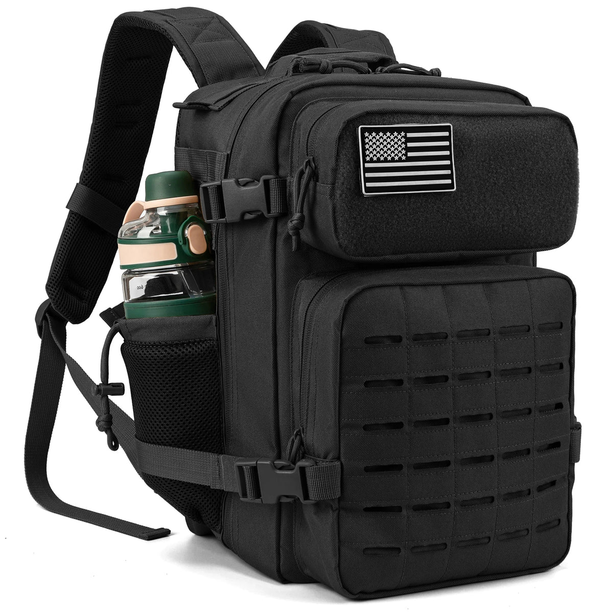 25L black tactical backpack with US flag patch, MOLLE front panel and side water bottle pocket