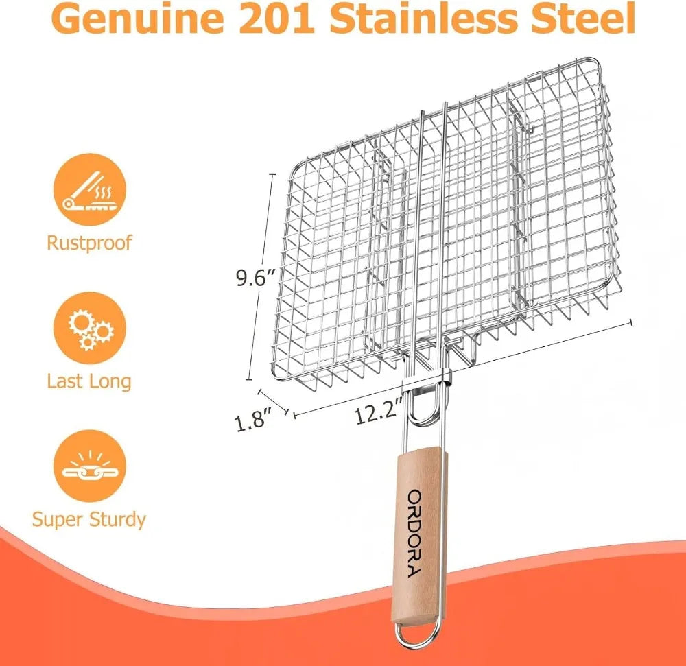 Deep stainless steel BBQ basket with detachable handle; 3-section design for fish, veggies, meat and shrimp, S And B.