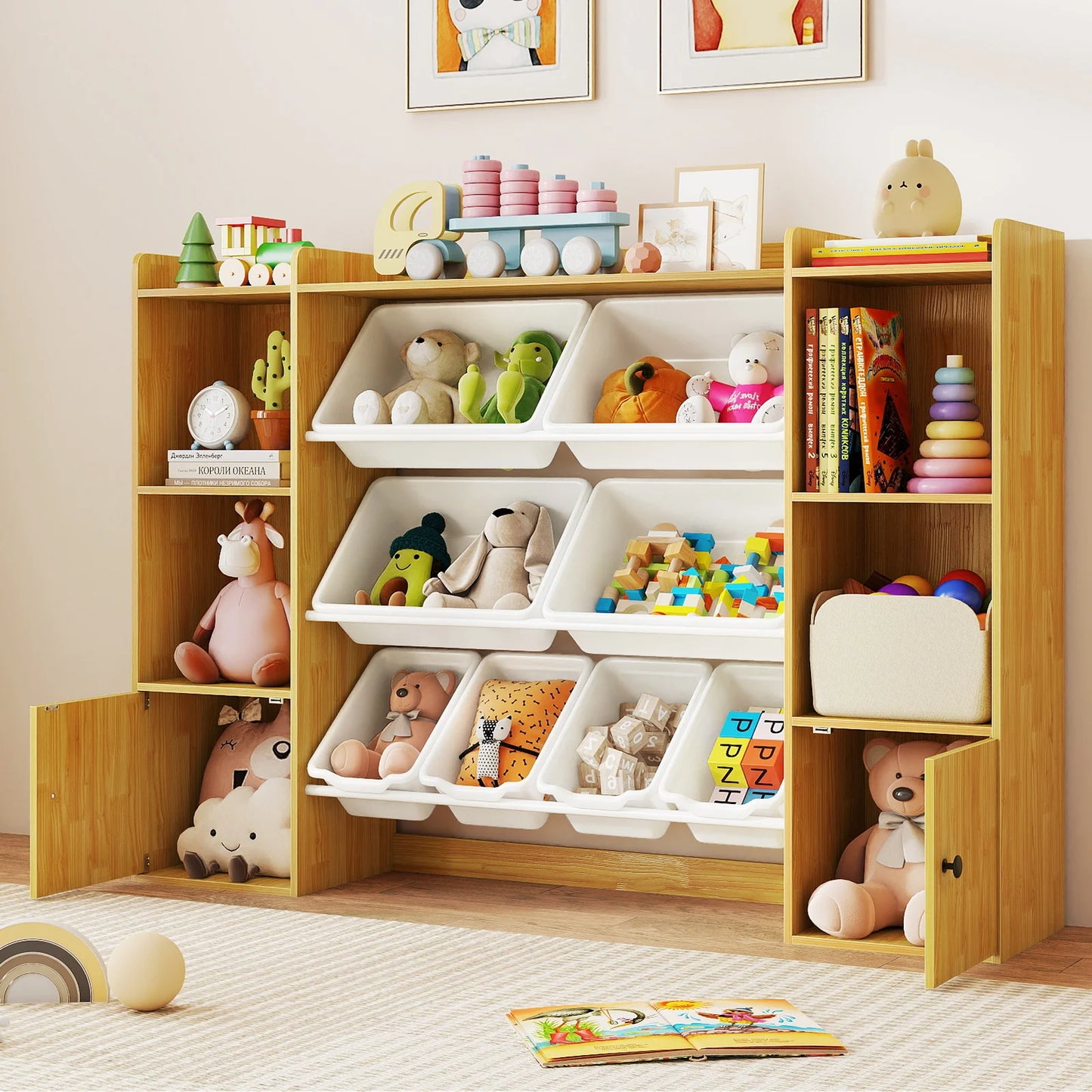 S And B Enterprise wooden kids toy storage and bookshelf with 8 white bins, open shelves and 2 single-door cabinets