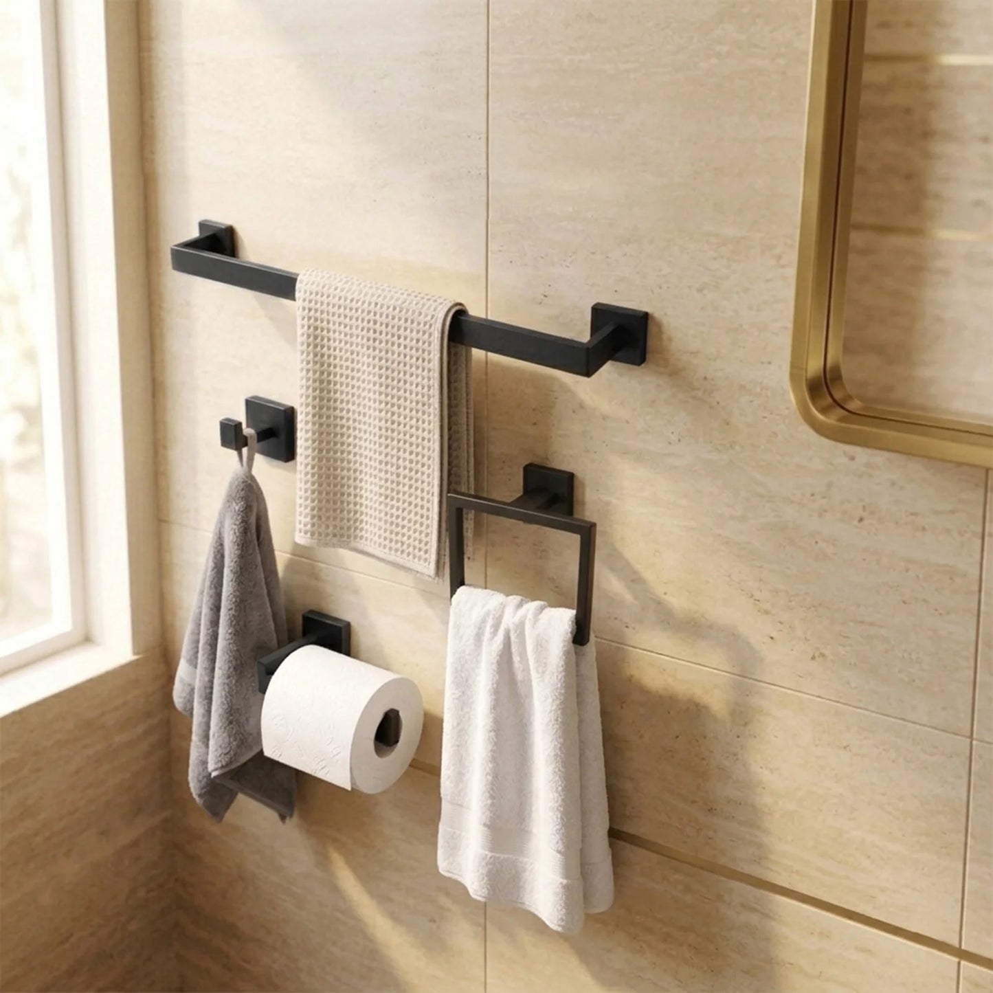 Wall-mounted bath linen hanging kit by S And B Enterprise, space-saving, black anti-rust 201 stainless steel towel rack