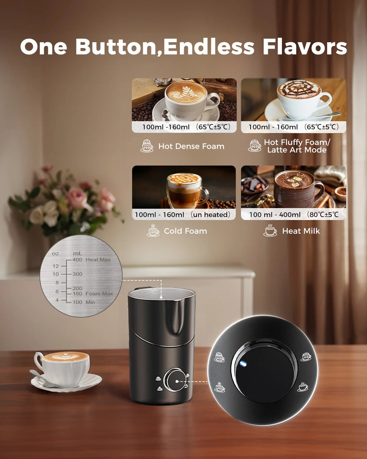 Milk Frother and Steamer by S And B Enterprise, black stainless, 400ml capacity, detachable.