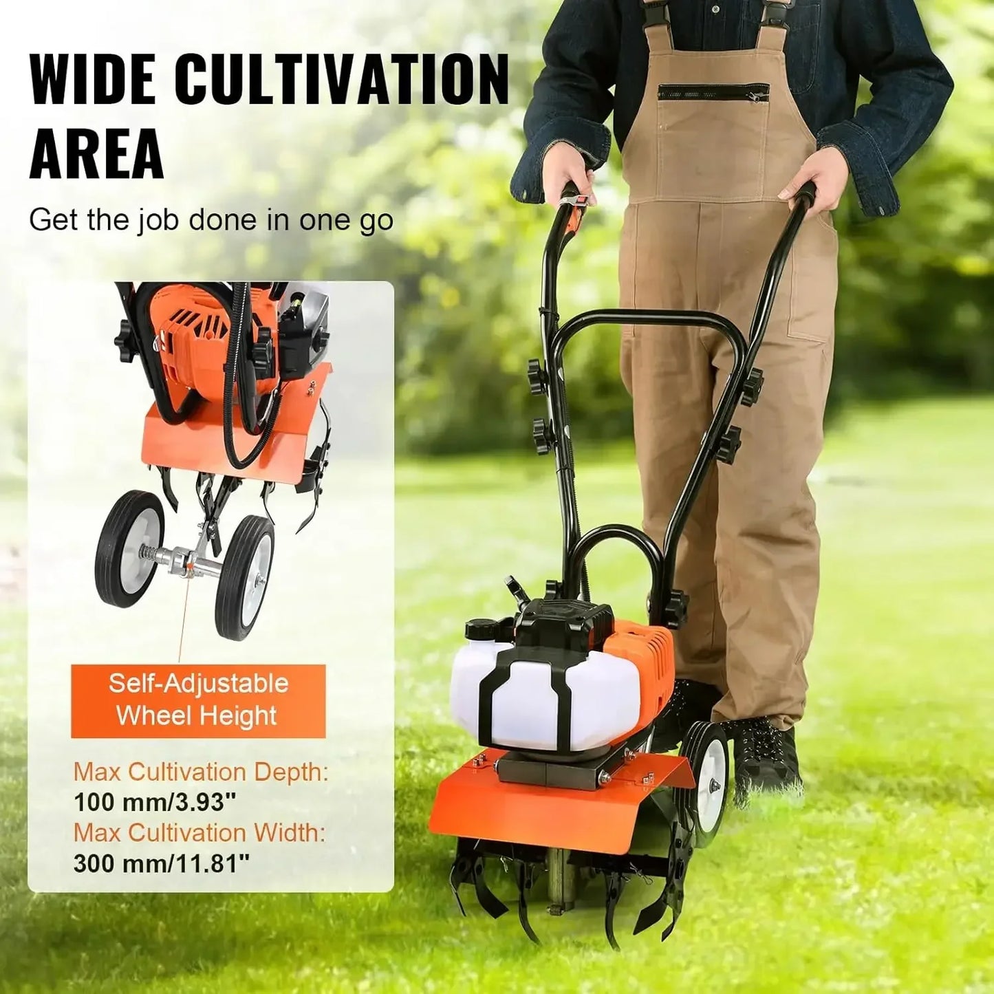 Gas Powered Tiller Cultivator 43cc 2-Stroke With Adjustable Front Tines