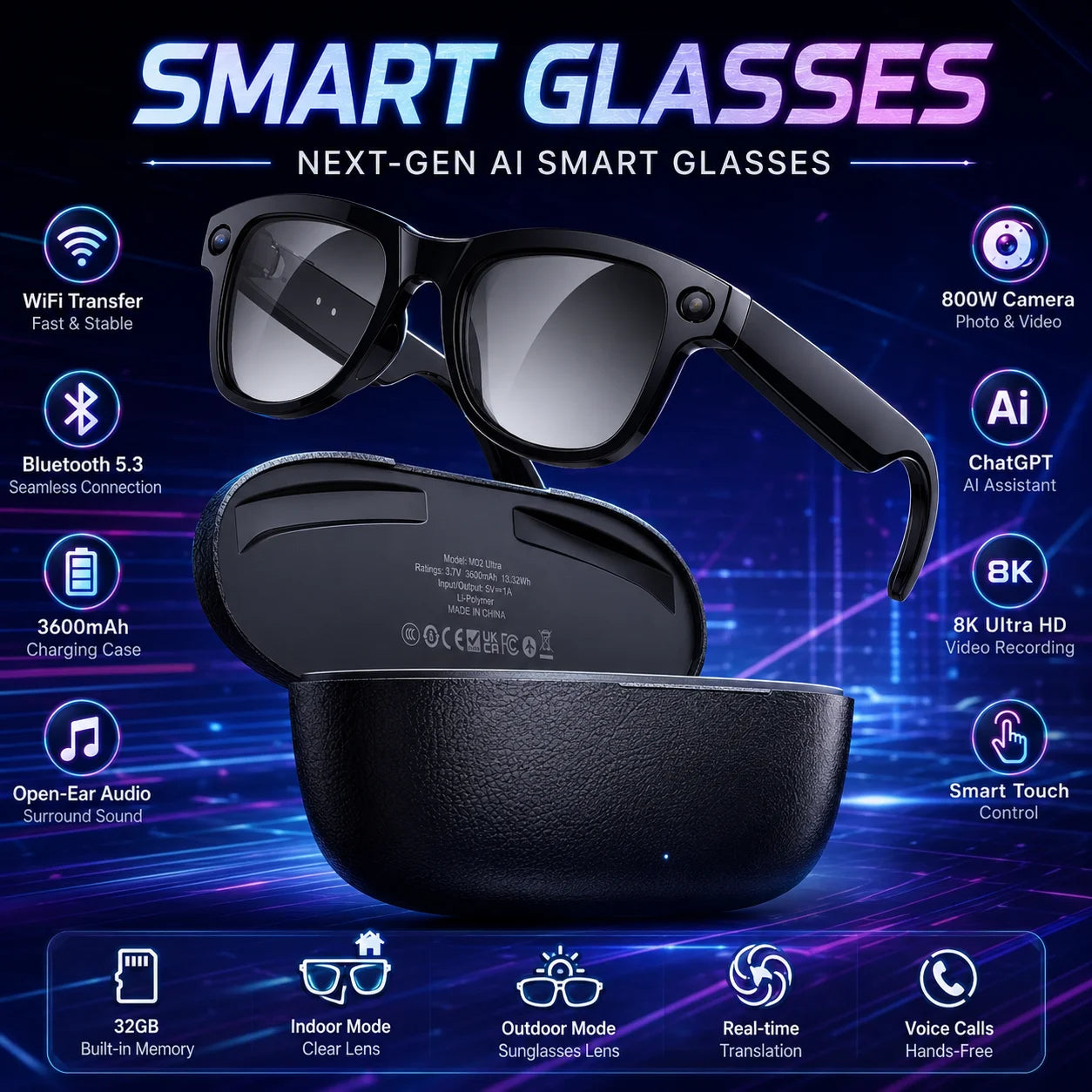 2026 New 32G Memory 800W 4K Camera Smart Glasses Men Photos&Videos 3600mAh Power Bank 120+Languages Translation AI Glasses Women by S And B Enterprise