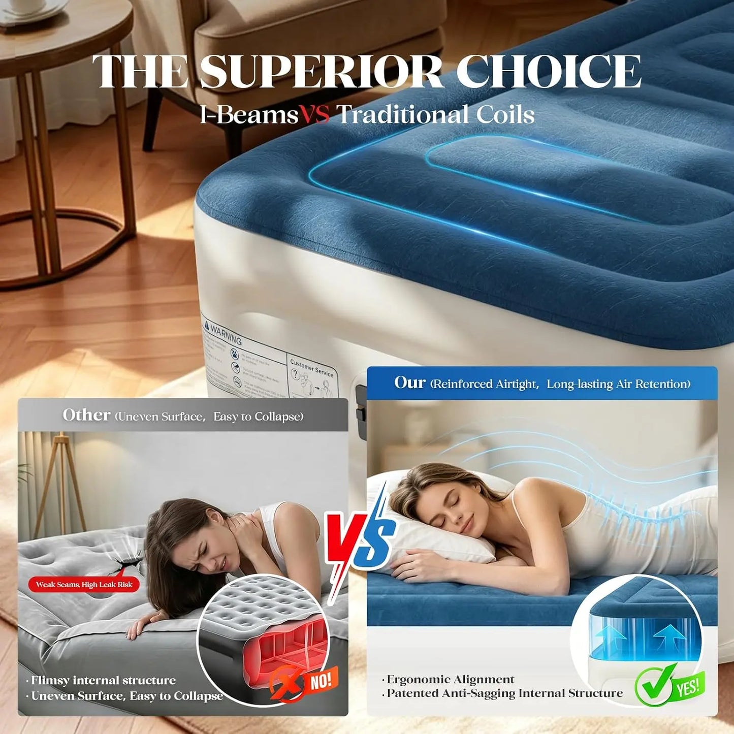 Twin air mattress with built-in pump by S And B Enterprise, 18in raised XL-long, blue top, waterproof and non-slip