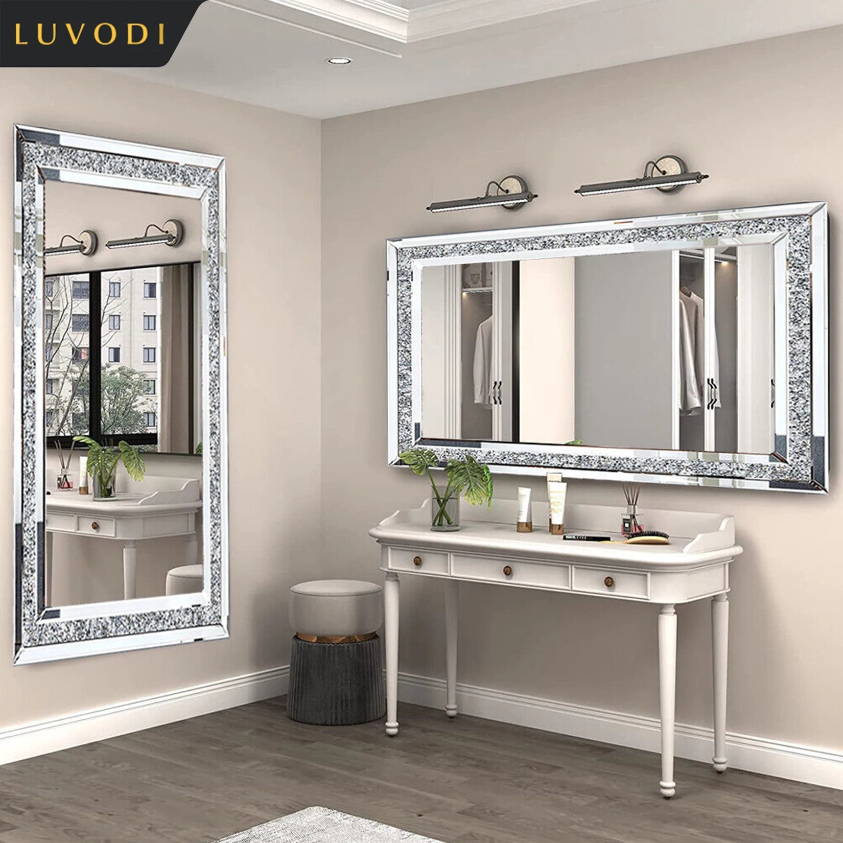 LUVODI Crystal Rhinestone Frameless Vanity Mirror Wall Mounted by S And B Enterprise