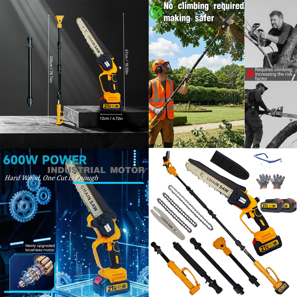 S And B Enterprise 2-in-1 cordless yellow-and-black pole saw with extension pole, 6in/8in blades, 21V 3.0Ah batteries.