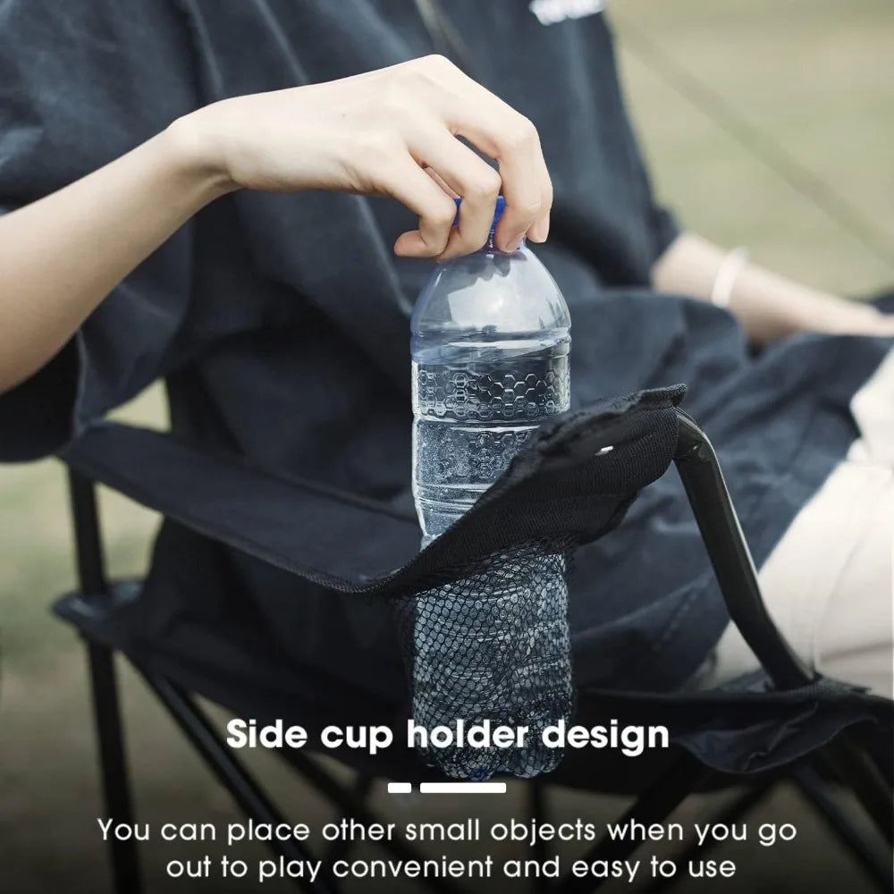 S And B Enterprise lightweight folding camp chair with side cup holder for water bottle, black outdoor chair.