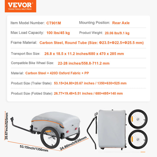 SucceBuy 100lbs Bike Cargo Trailer Foldable Bicycle Wagon Cart with Waterproof Cover & Safe Reflectors Fits 22"-28" Bike Wheel by S And B Enterprise