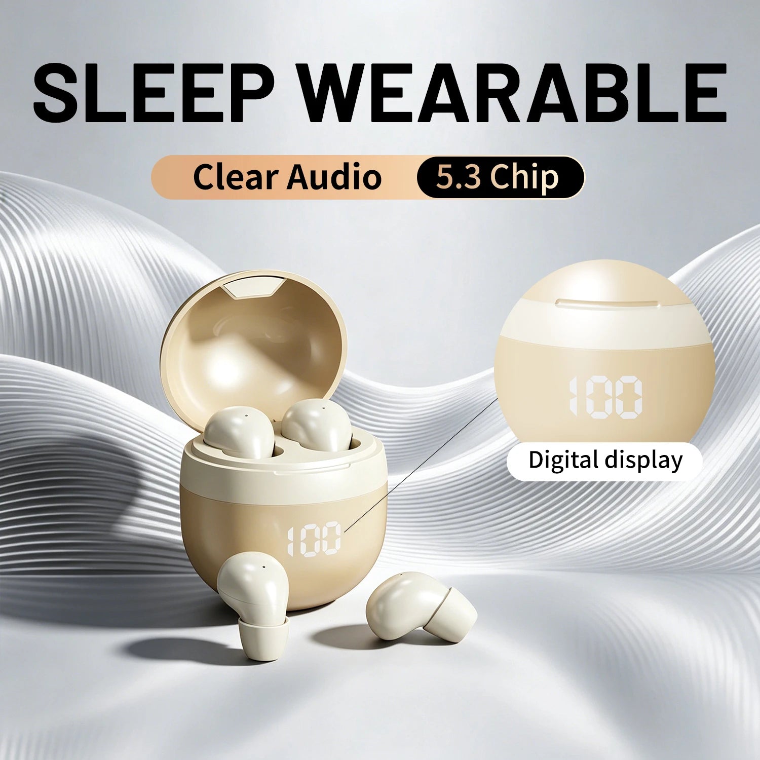 Two beige wireless Bluetooth earbuds in an open charging case with digital display