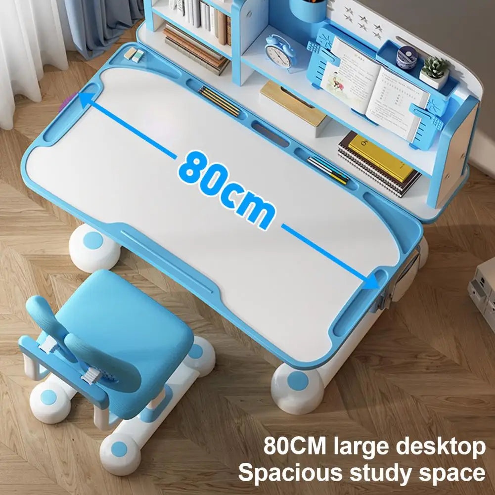 Kids study desk and chair set, blue and white, 2-piece with 80cm desktop and adjustable height