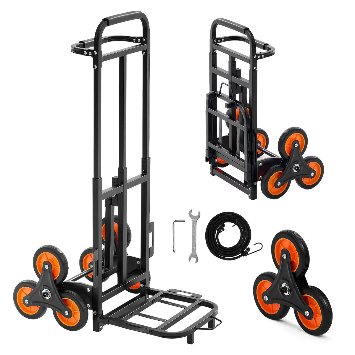 SucceBuy stair-climbing cart with telescoping handle, black steel frame and orange wheels by S And B Enterprise