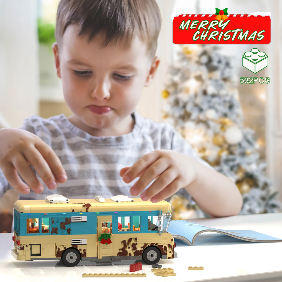 Christmas Cousin's RV Building Blocks Set by S And B Enterprise, 532pcs, tan and teal camper model