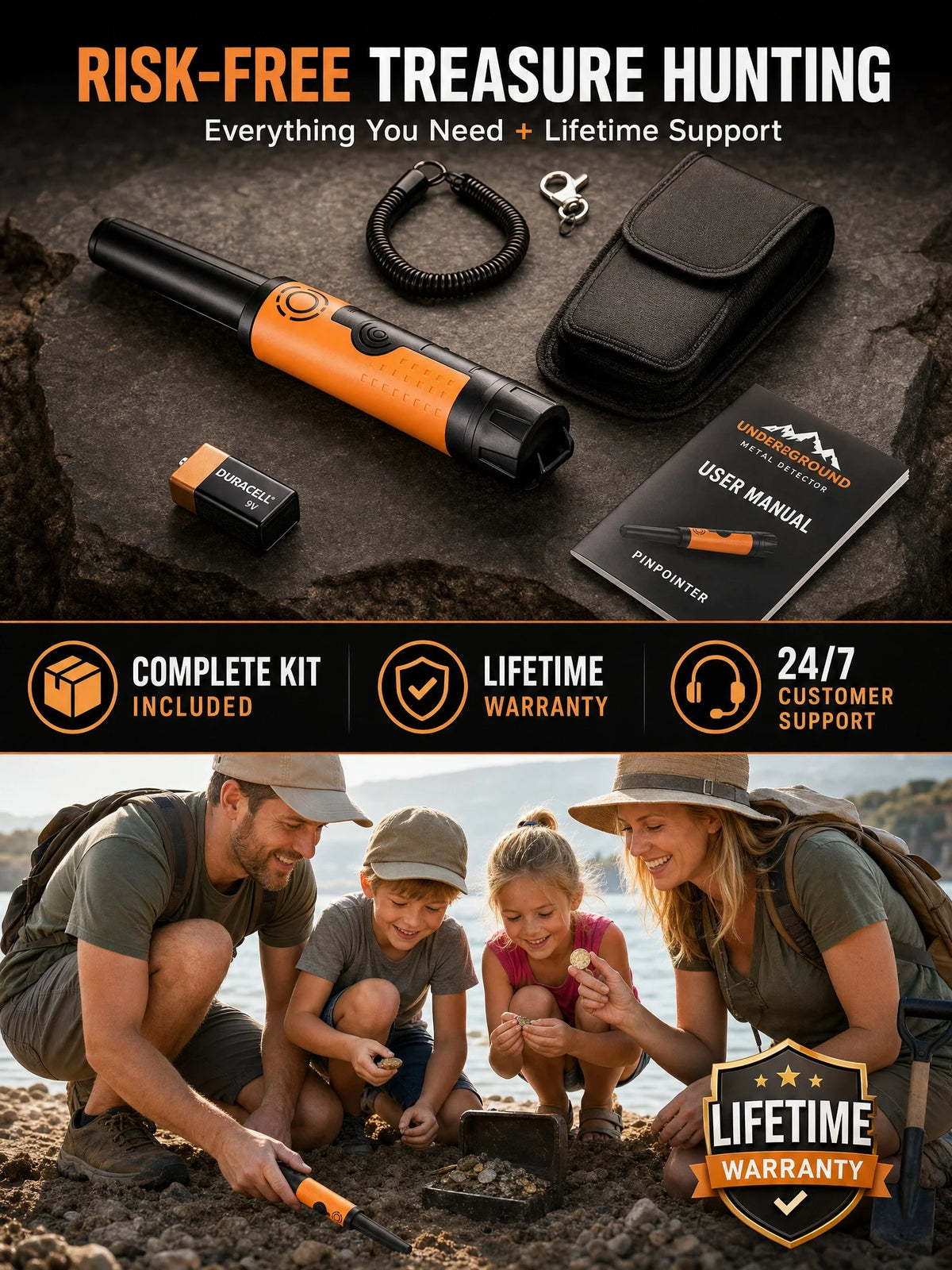SUNPOW handheld pinpointer metal detector by S And B Enterprise; orange and black with carrying case and manual