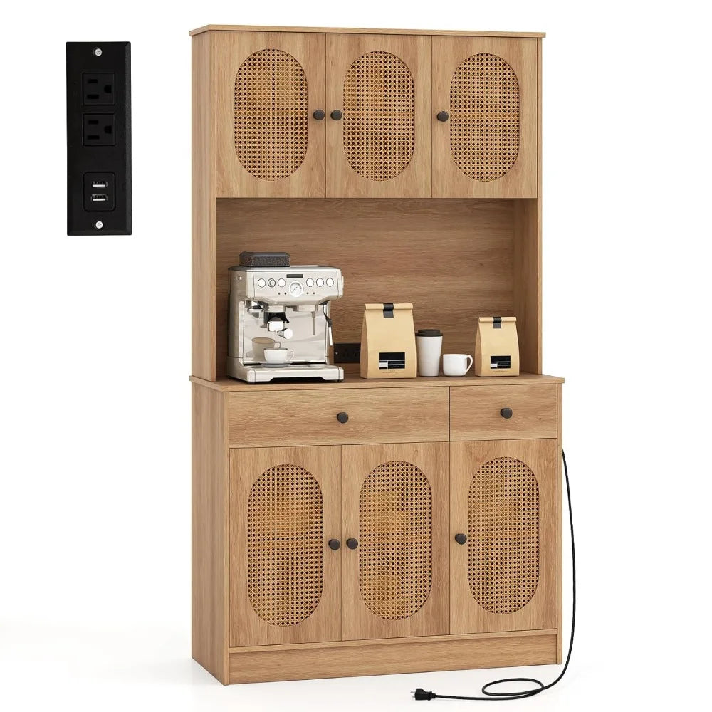 Kitchen Hutch, 71" Tall Boho Pantry Cabinet w/Charging Station, Microwave Countertop, 6 PE Rattan Door, 2 Drawer, Customized by S And B Enterprise
