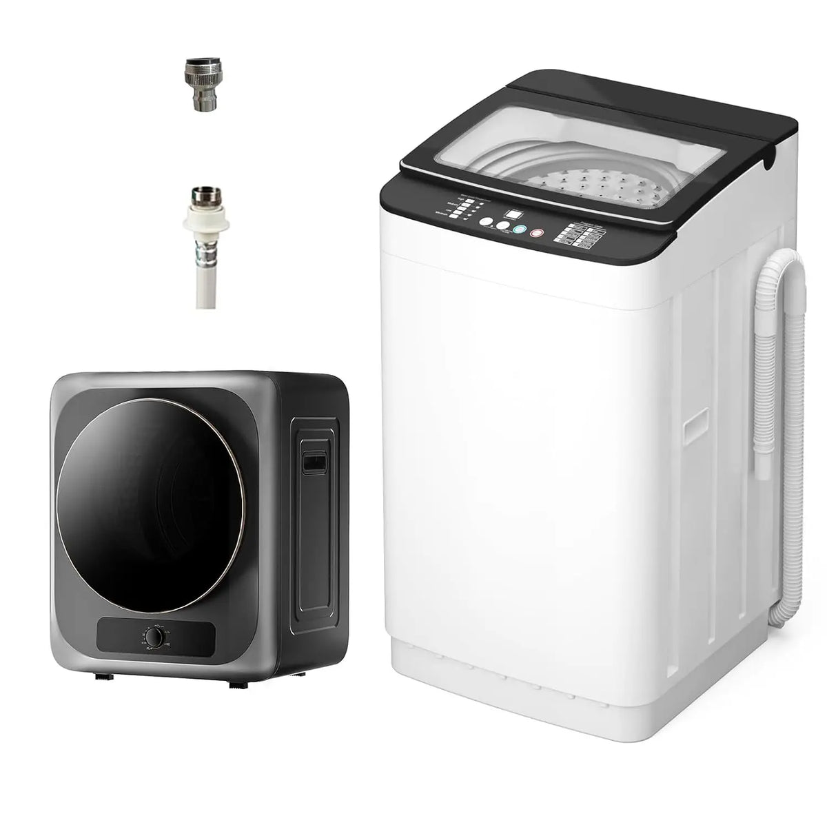 Portable washer and dryer set; white 25lb washer with black lid and 10lb black dryer, metal fittings