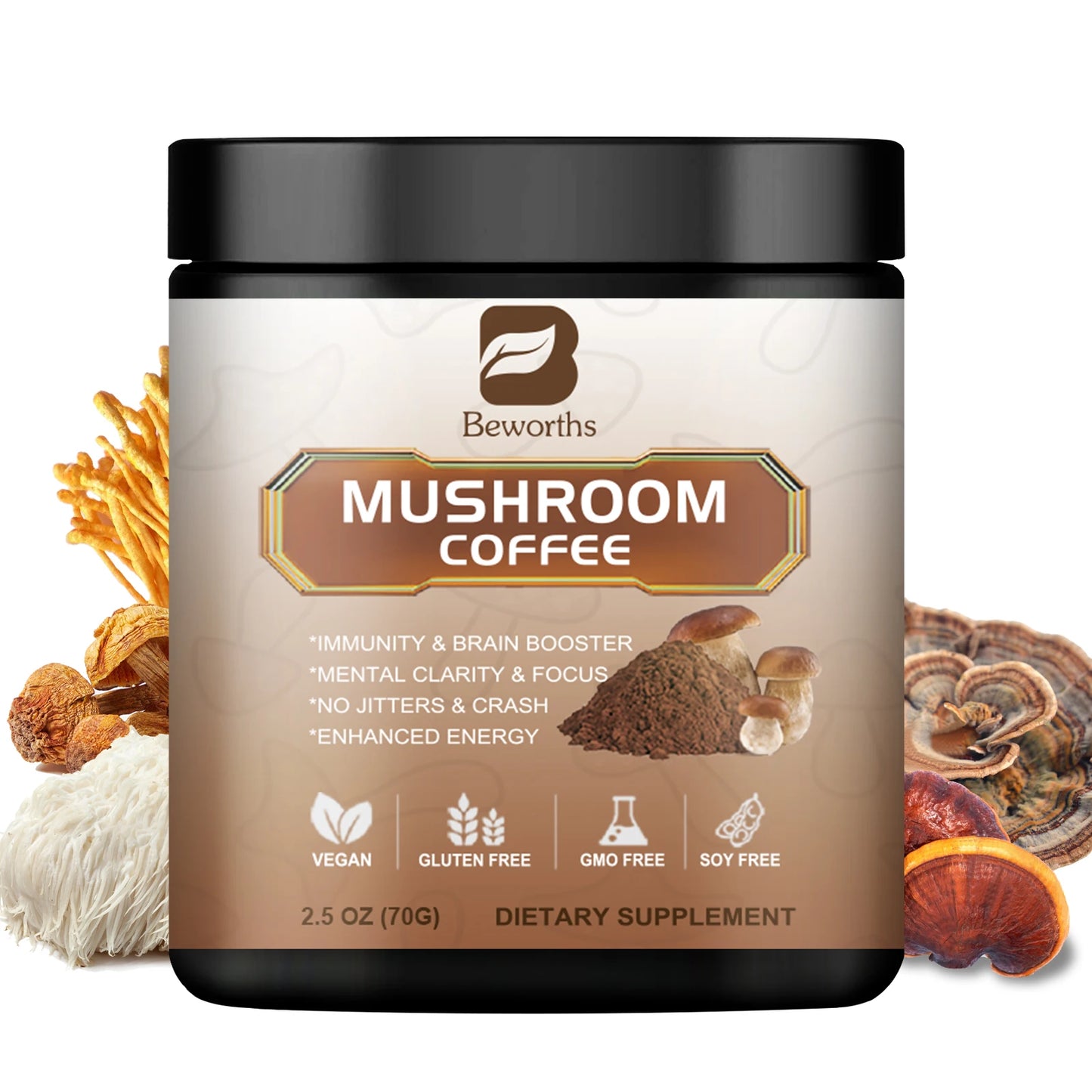 Mushroom Coffee jar by Beworths; black lid, brown label with mushroom artwork