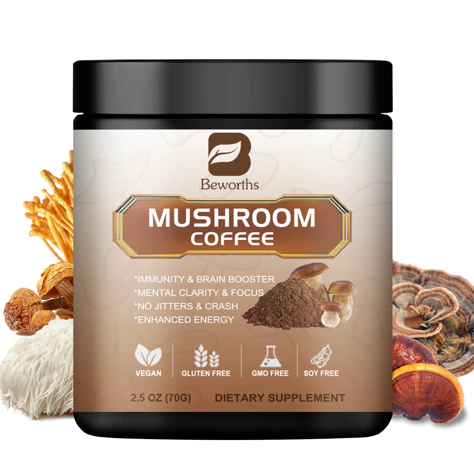 Mushroom Coffee jar by Beworths; black lid, brown label with mushroom artwork