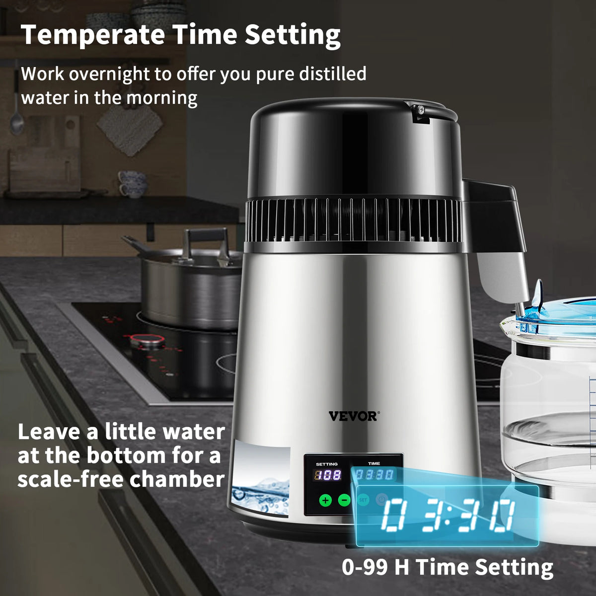 VEVOR stainless steel water distiller purifier with touch-screen control and glass bottle