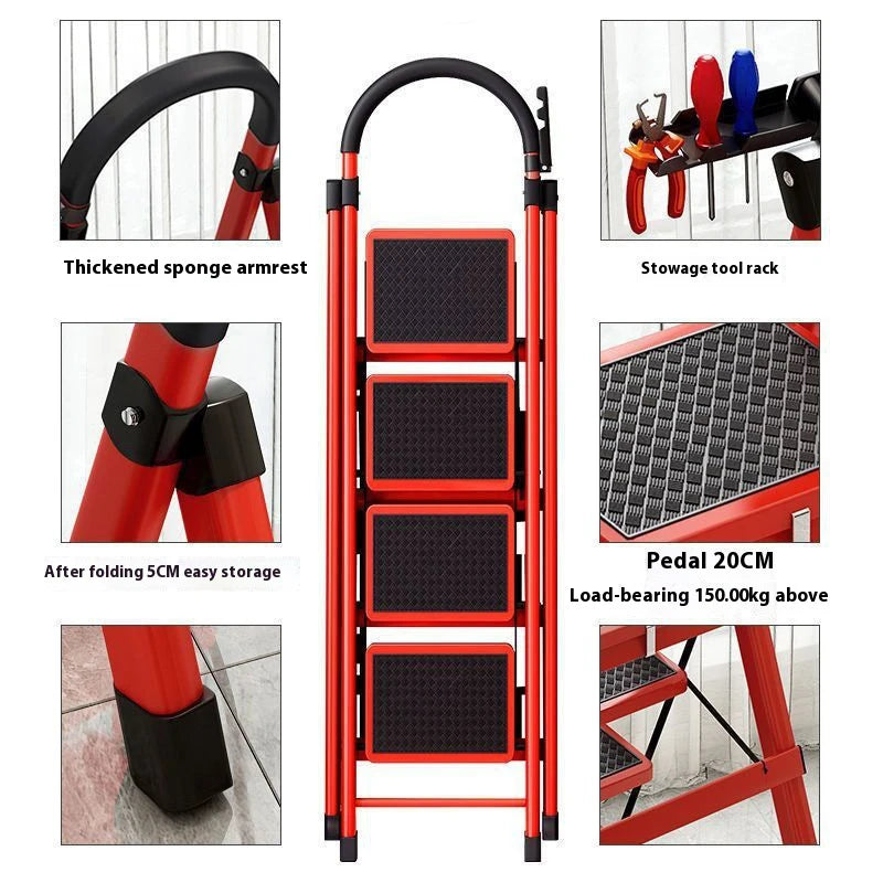 Adjustable zigzag folding ladder by S And B Enterprise, red and black, 6-step carbon steel for home and garden.