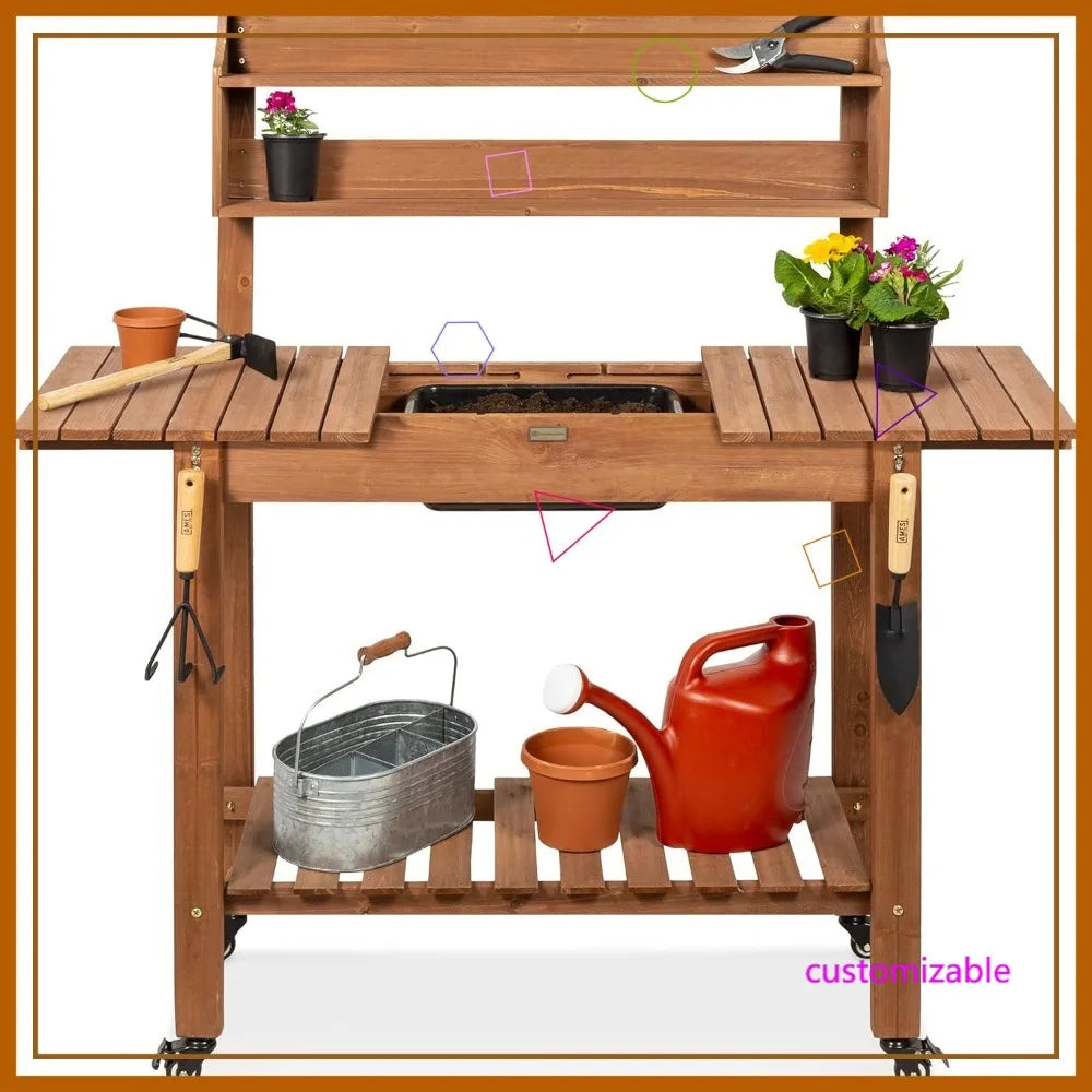 Mobile Potting Bench With Sliding Tabletop And 4 Locking Wheels Storage Shelves