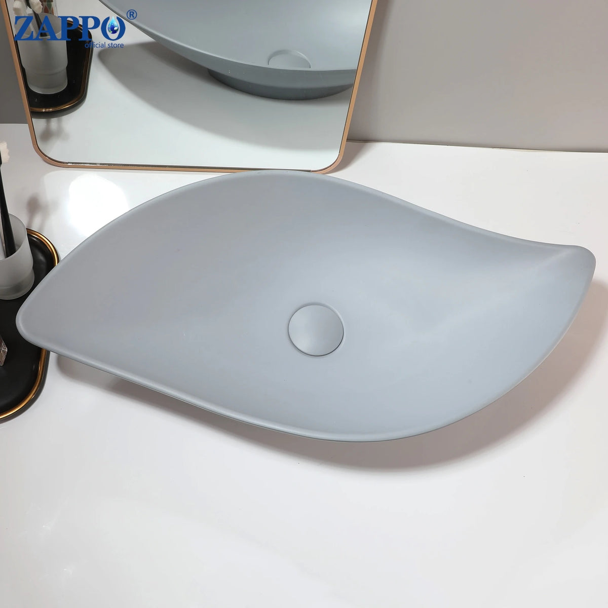 ZAPPO vessel bathroom sink; round gray stone resin washbasin with drain, no faucet
