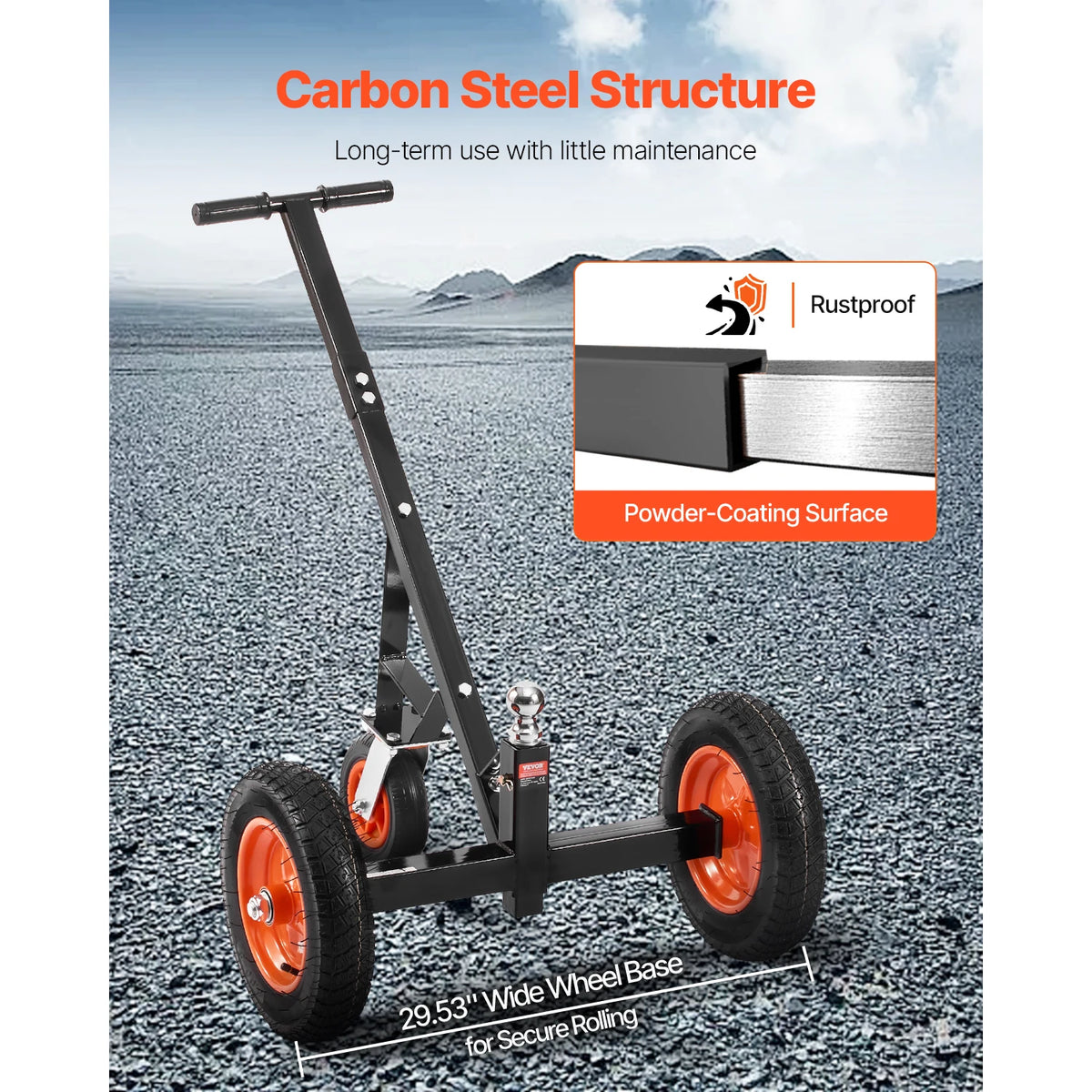 Trailer dolly by S And B Enterprise; carbon steel frame with rustproof powder-coated finish, 1000/1200 lb capacity, four orange wheels