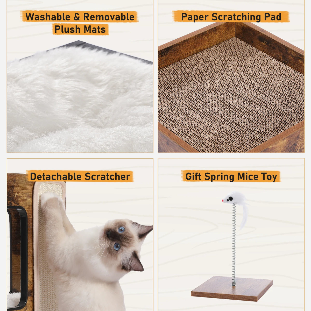 Wood cat condo set with removable plush mats, paper scratching pad, detachable scratcher, and spring mouse toy by S And B Enterprise