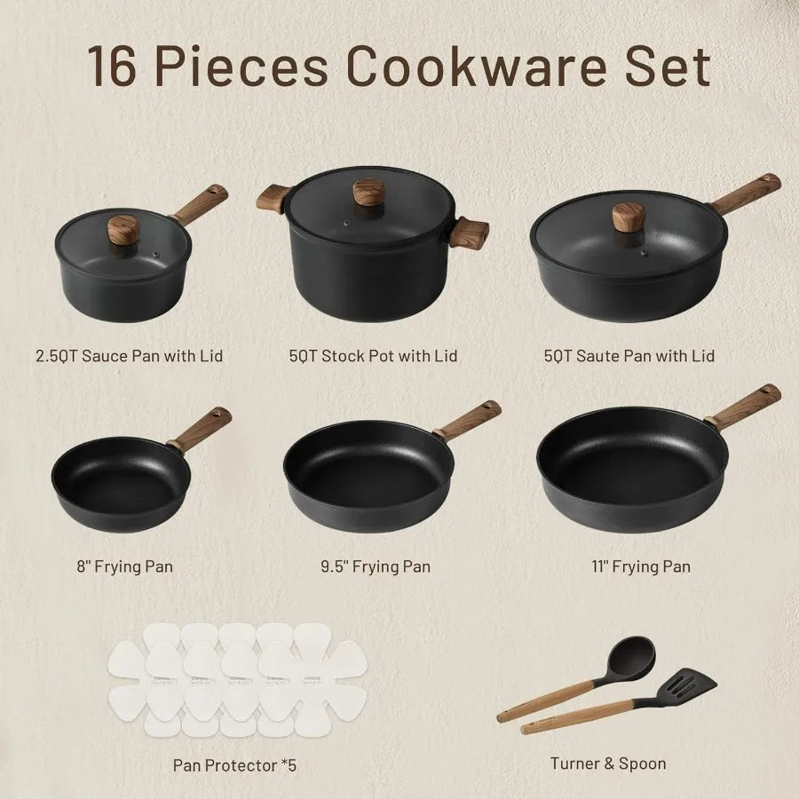 16-piece nonstick induction cookware set in black with wooden-handled pots, pans, and lids