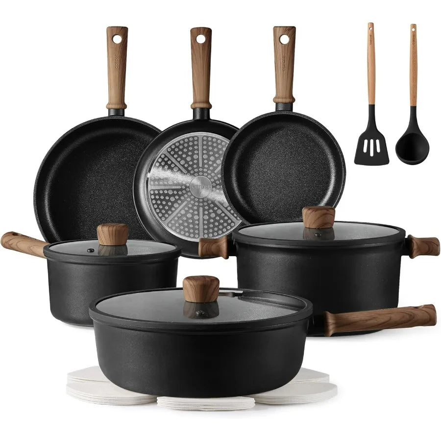 Nonstick cookware set, 16-piece, black induction with wooden handles, glass lids, and steamer insert